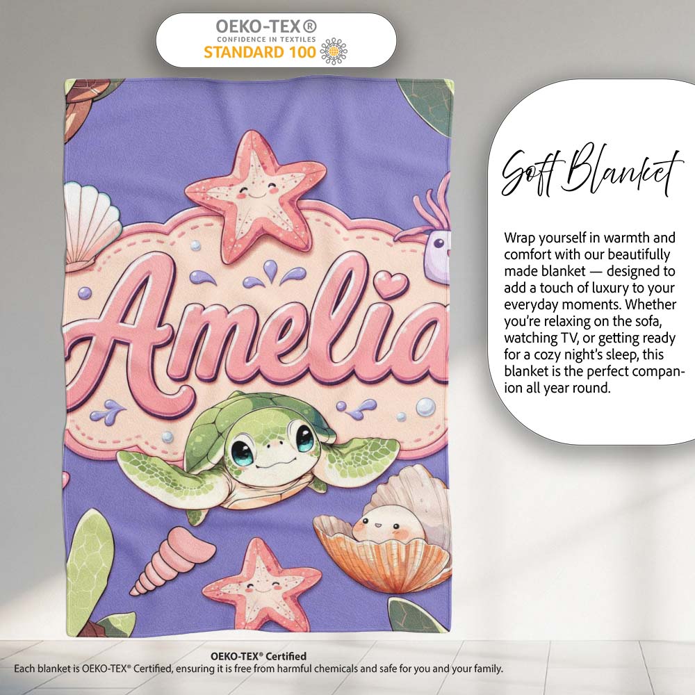 Cute Kawaii Sea Turtle Starfish Shells Ocean Friends Lavender Lovely  Personalised Custom Name Super Soft Fleece Blanket Bed Sofa Throw