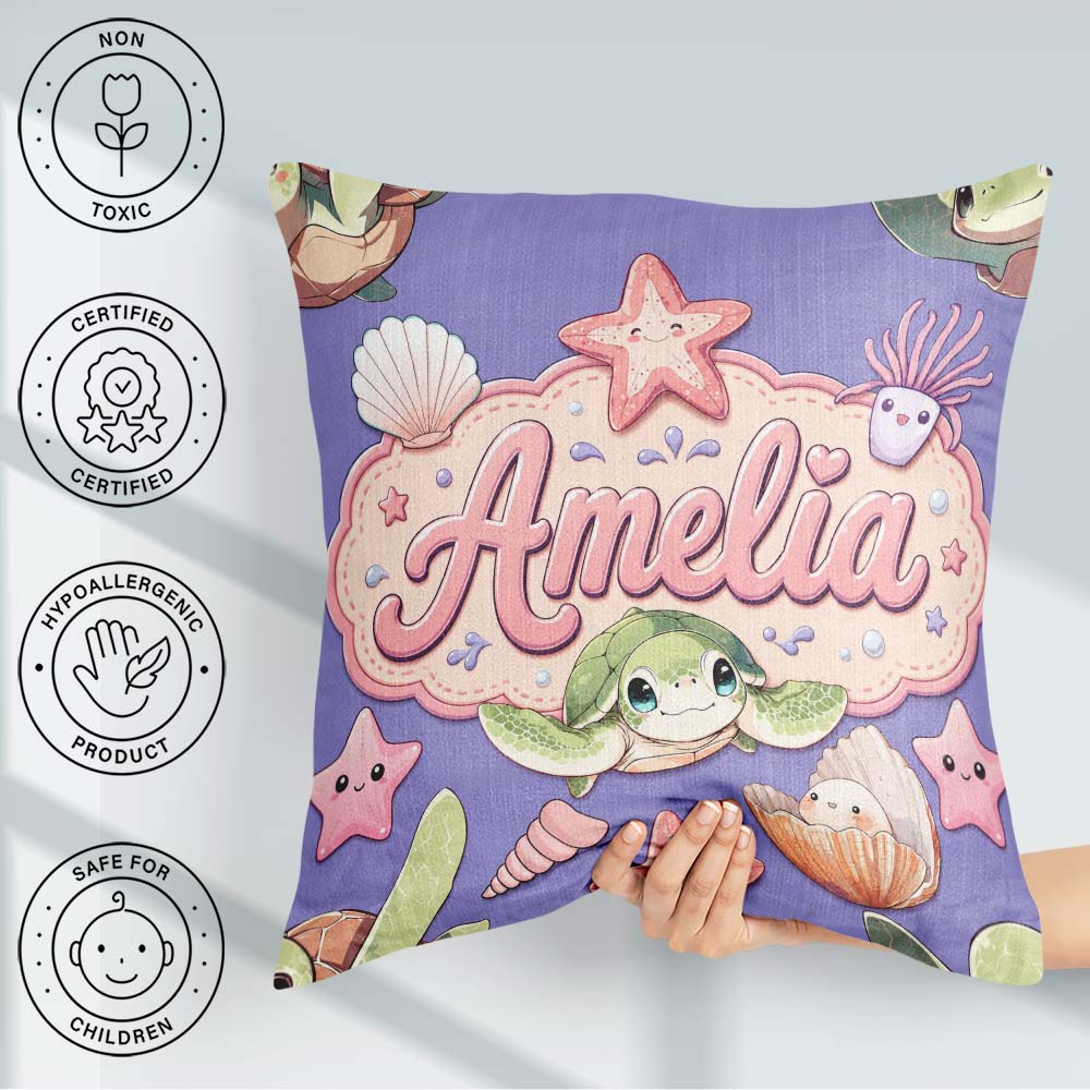 Custom Name Cute Kawaii Sea Turtle Starfish Shells Ocean Friends Square Filled Cushion Throw Pillow Sofa Bed Home Decor Zip Washable UK Made