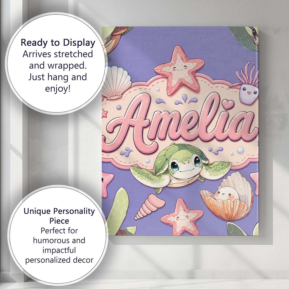 Personalised Name Cute Kawaii Sea Turtle Custom  Unique Gift Idea Elegant Feature Canvas Wall Art Print Decor Picture Ready to Hang
