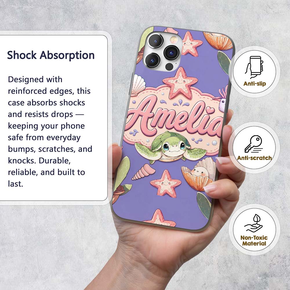 Cute Kawaii Sea Turtle Starfish Shells Ocean Custom Name Protective Phone Case Mobile Cover Durable Everyday Smartphone Shock Resistant