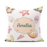 Custom Name Kawaii Sea Turtle Starfish Shells Ocean Friends Grey Square Filled Cushion Throw Pillow Sofa Bed Home Decor Zip Washable UK Made