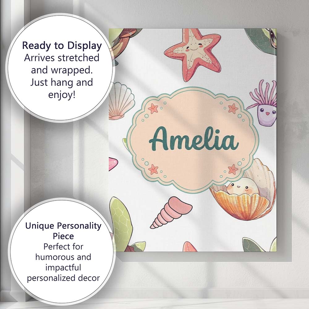 Personalised Name Cute Kawaii Sea Turtle Custom  Unique Gift Idea Elegant Feature Canvas Wall Art Print Decor Picture Ready to Hang