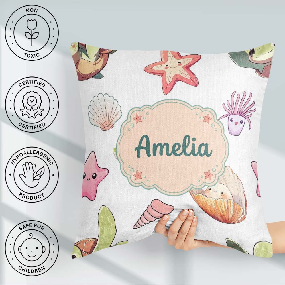Custom Name Kawaii Sea Turtle Starfish Shells Ocean Friends Grey Square Filled Cushion Throw Pillow Sofa Bed Home Decor Zip Washable UK Made