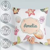 Custom Name Kawaii Sea Turtle Starfish Shells Ocean Friends Grey Square Filled Cushion Throw Pillow Sofa Bed Home Decor Zip Washable UK Made
