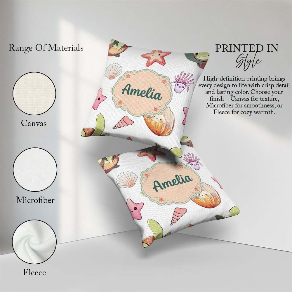 Custom Name Kawaii Sea Turtle Starfish Shells Ocean Friends Grey Square Filled Cushion Throw Pillow Sofa Bed Home Decor Zip Washable UK Made