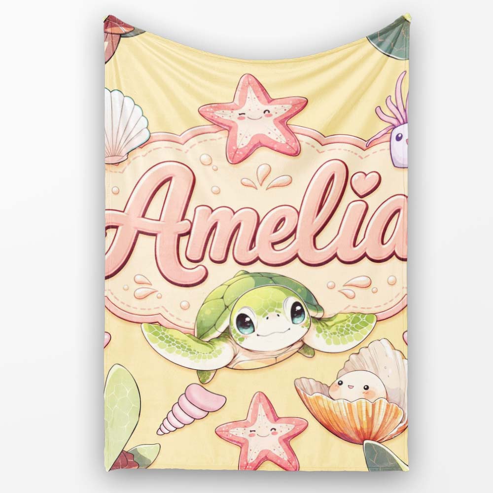 Cute Kawaii Sea Turtle Starfish Shells Ocean Friends Yellow Lovely  Personalised Custom Name Super Soft Fleece Blanket Bed Sofa Throw