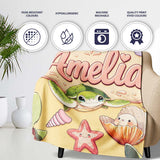 Cute Kawaii Sea Turtle Starfish Shells Ocean Friends Yellow Lovely  Personalised Custom Name Super Soft Fleece Blanket Bed Sofa Throw