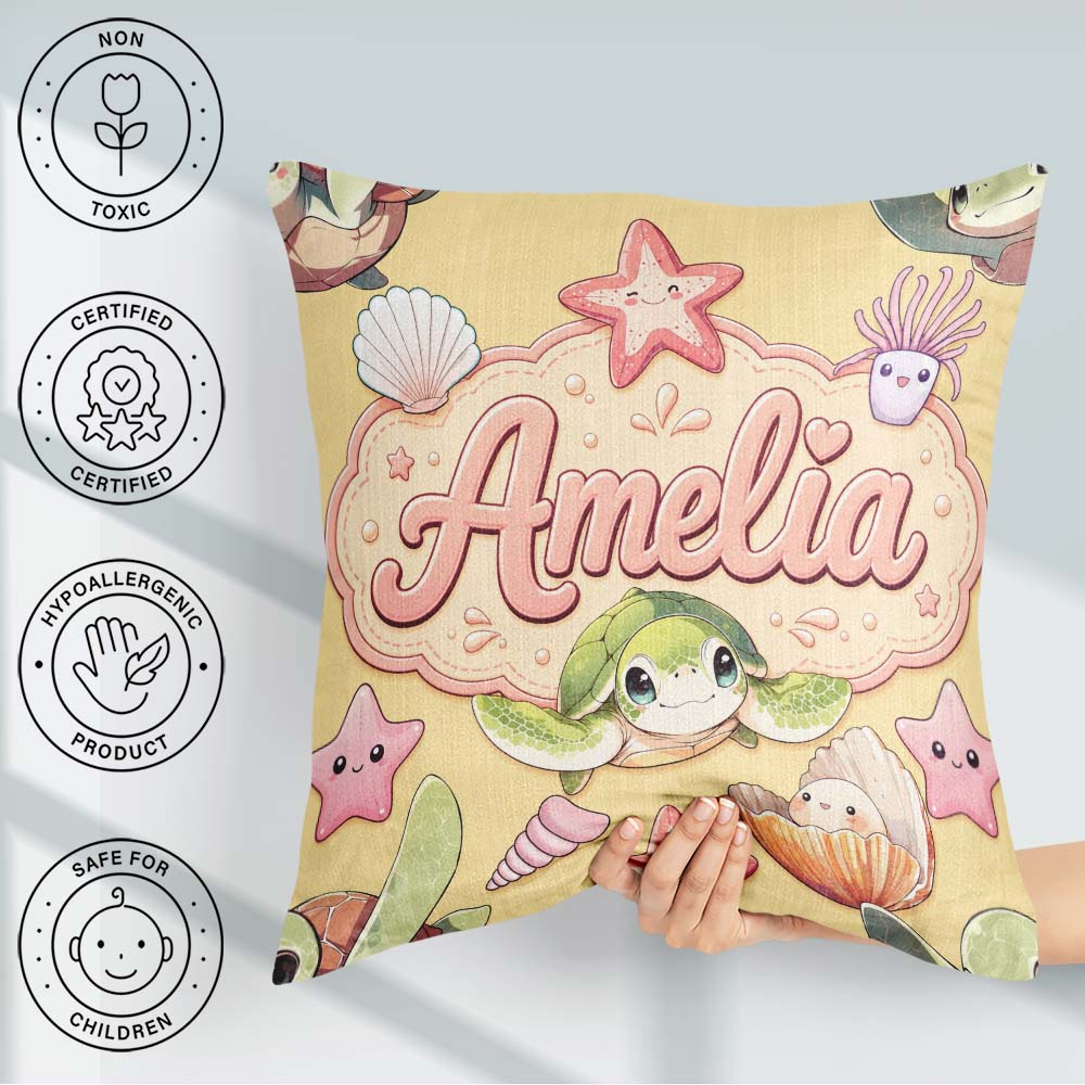 Custom Name Cute Kawaii Sea Turtle Starfish Shells Ocean Friends Square Filled Cushion Throw Pillow Sofa Bed Home Decor Zip Washable UK Made