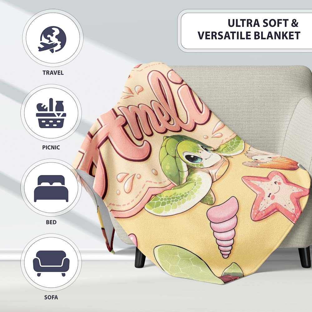 Cute Kawaii Sea Turtle Starfish Shells Ocean Friends Yellow Lovely  Personalised Custom Name Super Soft Fleece Blanket Bed Sofa Throw