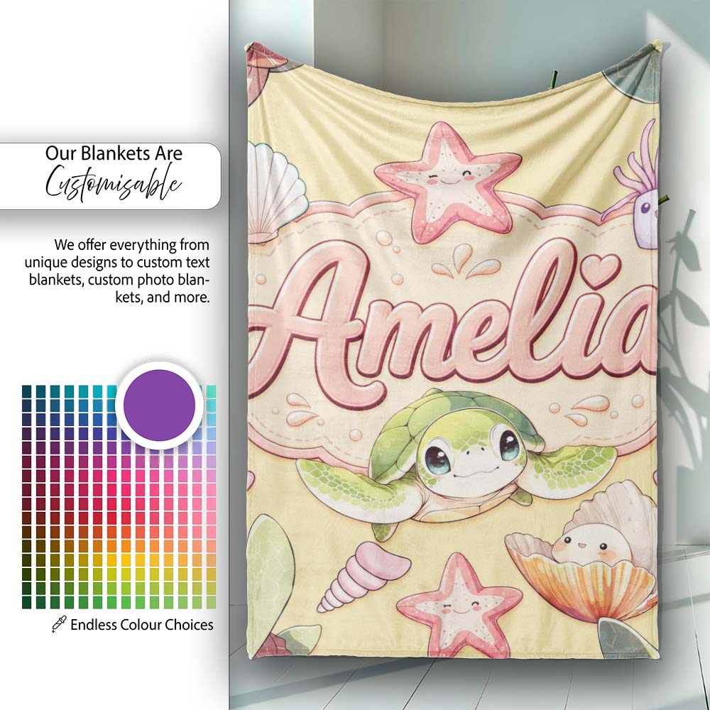 Cute Kawaii Sea Turtle Starfish Shells Ocean Friends Yellow Lovely  Personalised Custom Name Super Soft Fleece Blanket Bed Sofa Throw