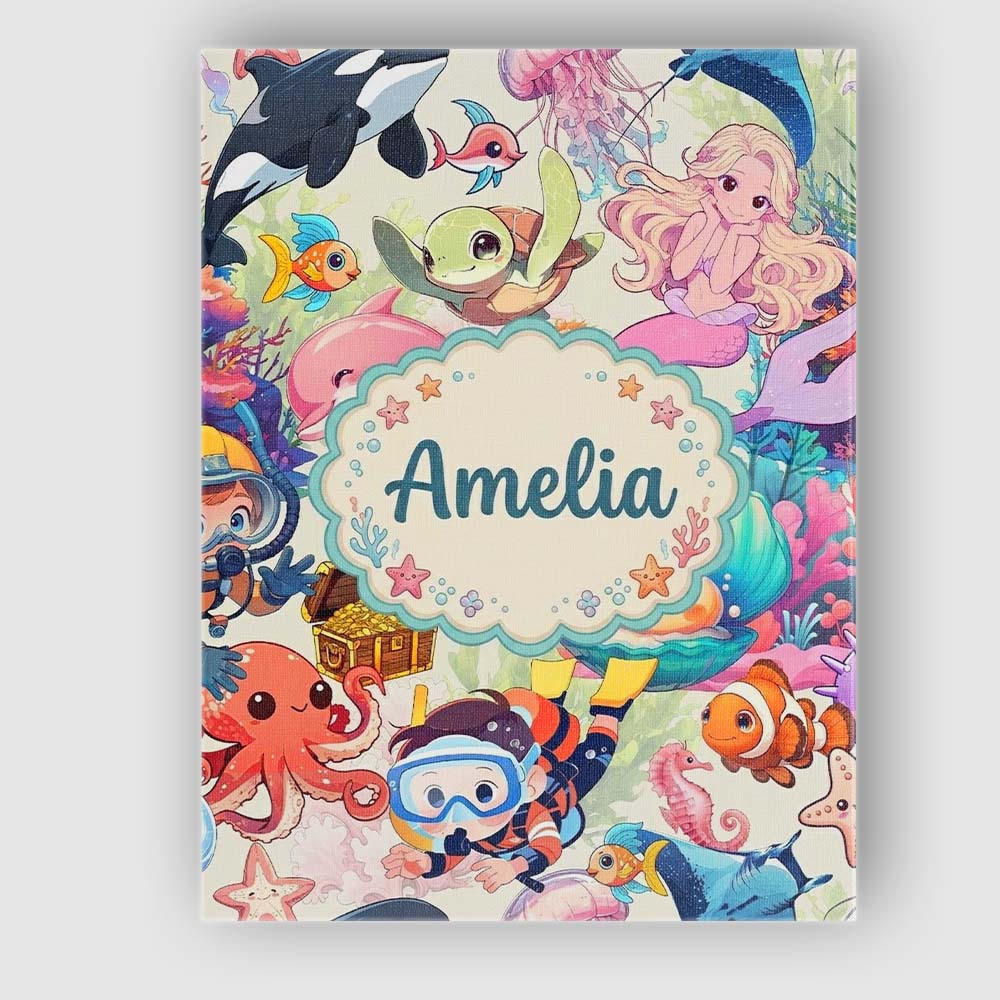 Personalised Name Cute Underwater Ocean Custom  Modern Room Accent Elegant Feature Canvas Wall Art Print Decor Picture Ready to Hang