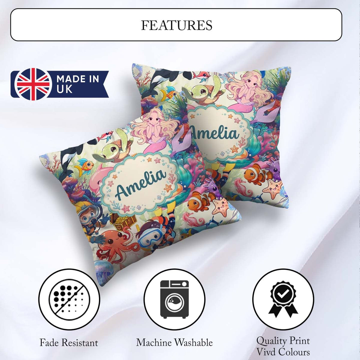 Custom Name Ocean Scene Mermaid Dolphin Turtle Treasure Seamless Square Filled Cushion Throw Pillow Sofa Bed Home Decor Zip Washable UK Made