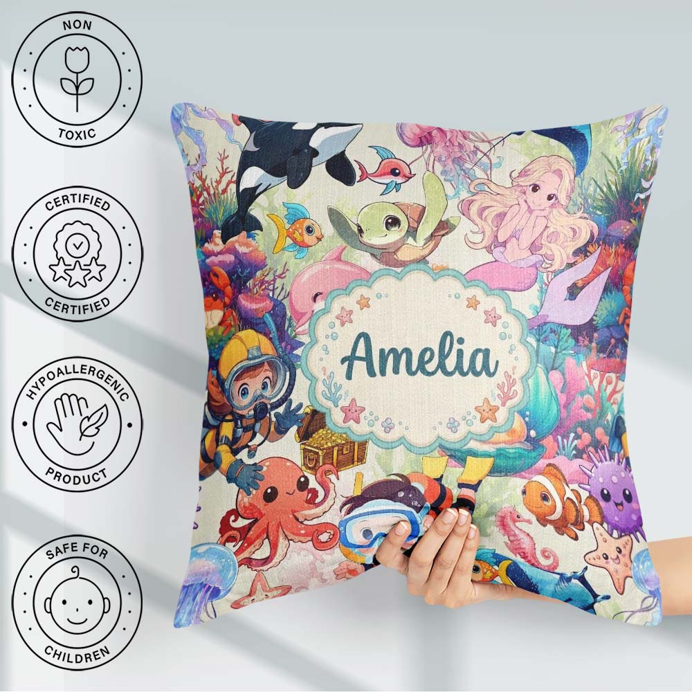 Custom Name Ocean Scene Mermaid Dolphin Turtle Treasure Seamless Square Filled Cushion Throw Pillow Sofa Bed Home Decor Zip Washable UK Made