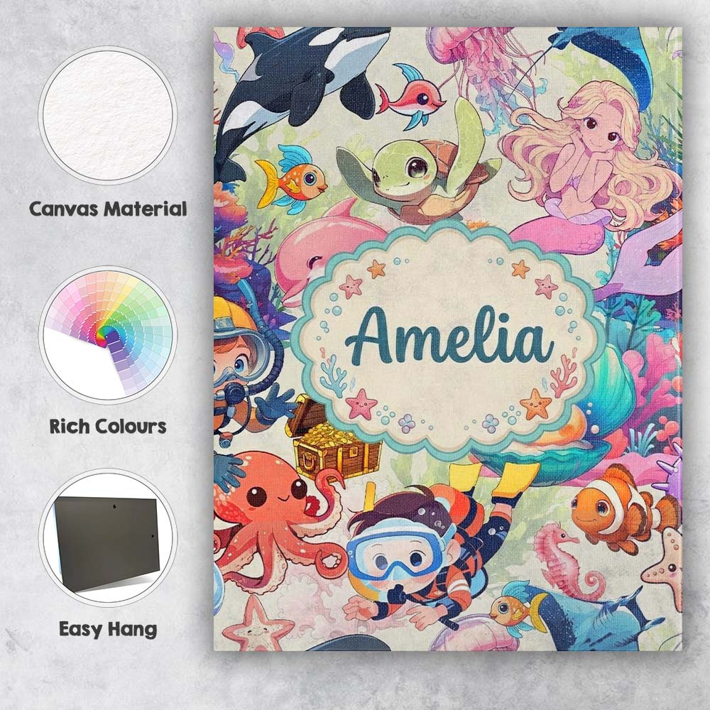 Personalised Name Cute Underwater Ocean Custom  Modern Room Accent Elegant Feature Canvas Wall Art Print Decor Picture Ready to Hang