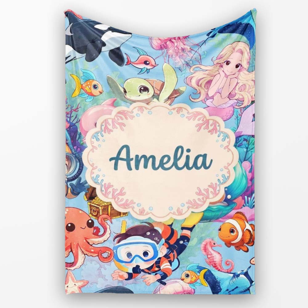 Cute Underwater Ocean Scene Mermaid Dolphin Turtle Treasure Blue  Personalised Custom Name Super Soft Fleece Blanket Bed Sofa Throw