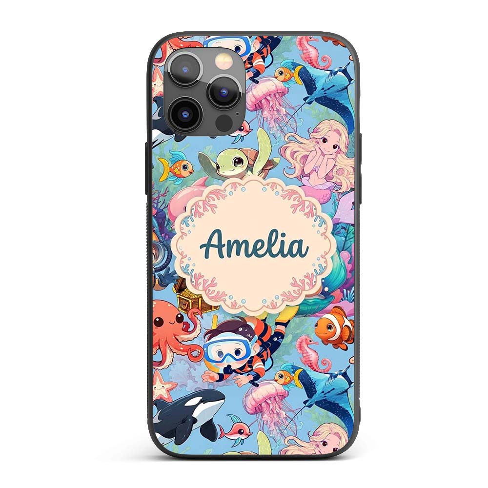 Cute Underwater Ocean Scene Decorative Design Custom Name Protective Phone Case Mobile Cover Durable Everyday Smartphone Shock Resistant