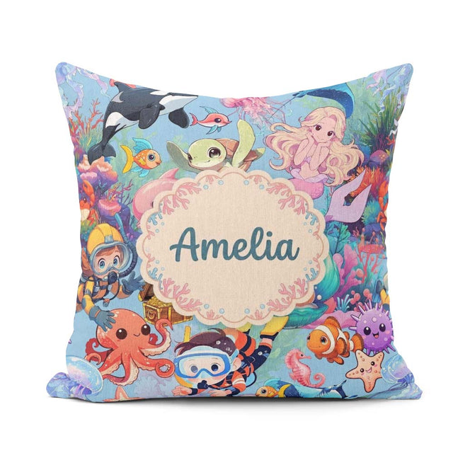 Custom Name Underwater Ocean Scene Mermaid Dolphin Treasure Blue Square Filled Cushion Throw Pillow Sofa Bed Home Decor Zip Washable UK Made