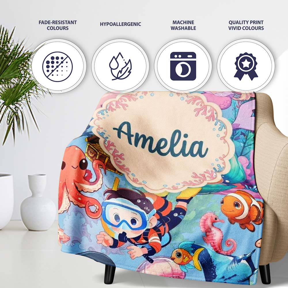 Cute Underwater Ocean Scene Mermaid Dolphin Turtle Treasure Blue  Personalised Custom Name Super Soft Fleece Blanket Bed Sofa Throw