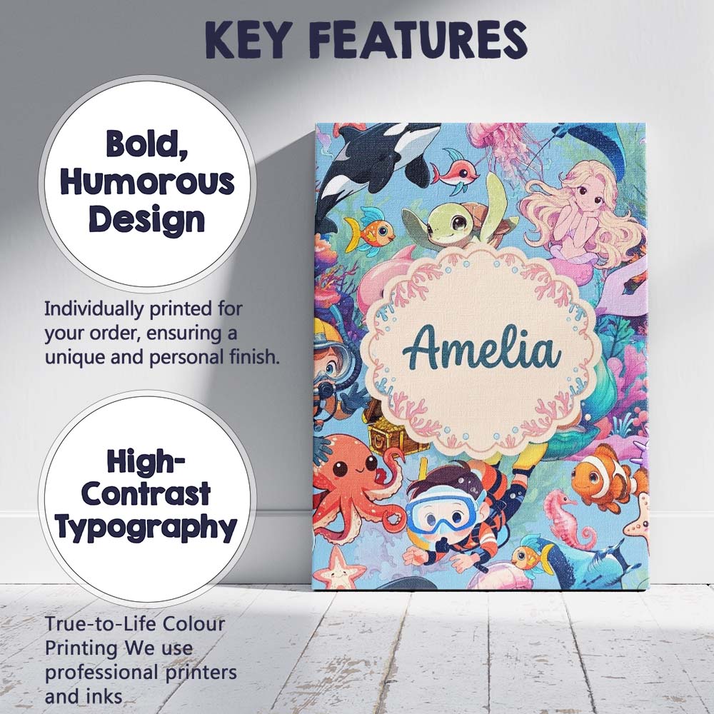 Personalised Name Cute Underwater Ocean Custom  Modern Room Accent Elegant Feature Canvas Wall Art Print Decor Picture Ready to Hang