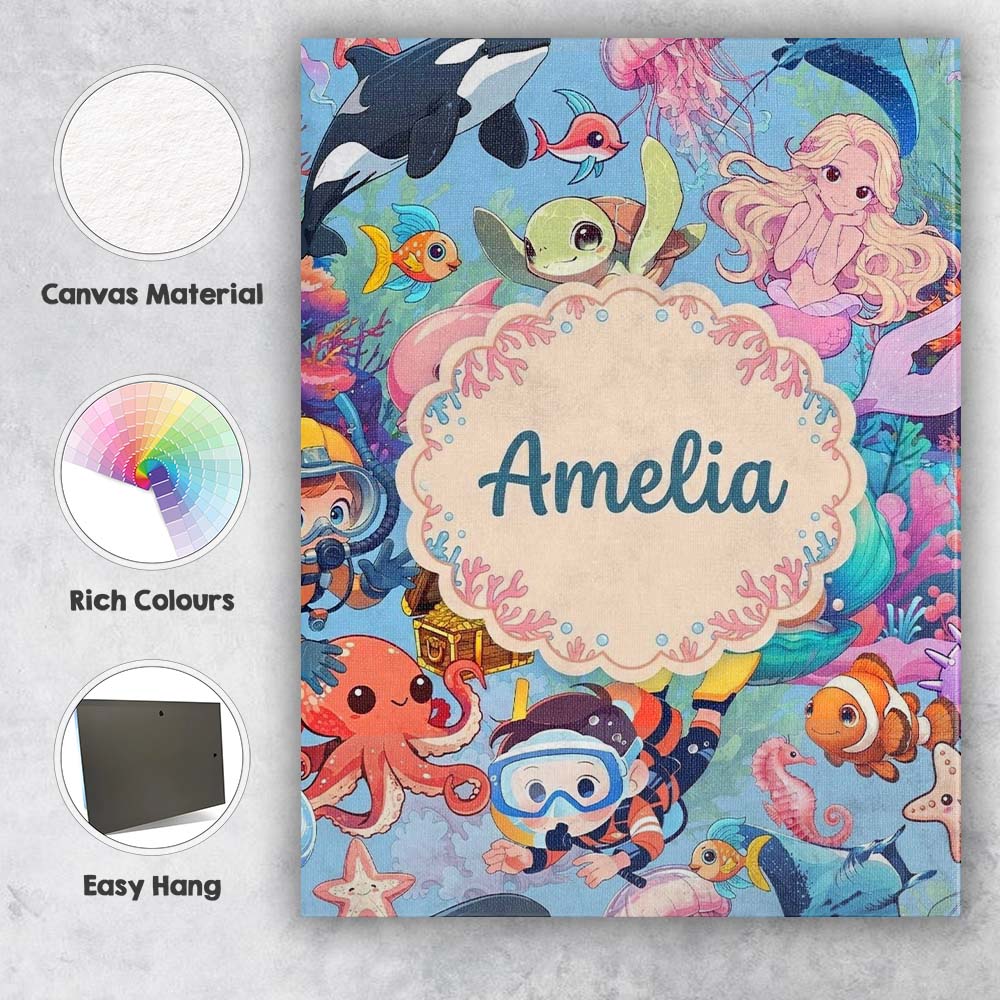 Personalised Name Cute Underwater Ocean Custom  Modern Room Accent Elegant Feature Canvas Wall Art Print Decor Picture Ready to Hang