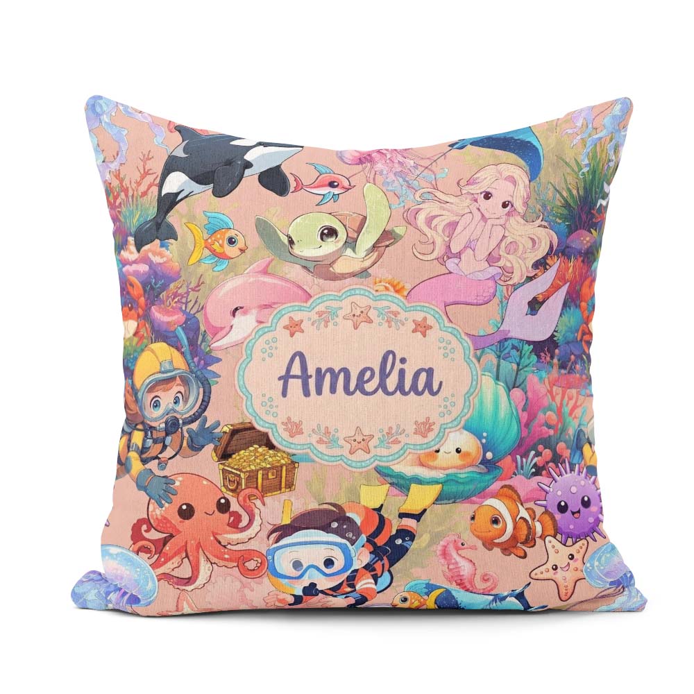 Custom Name Underwater Ocean Scene Mermaid Turtle Treasure Peach Square Filled Cushion Throw Pillow Sofa Bed Home Decor Zip Washable UK Made