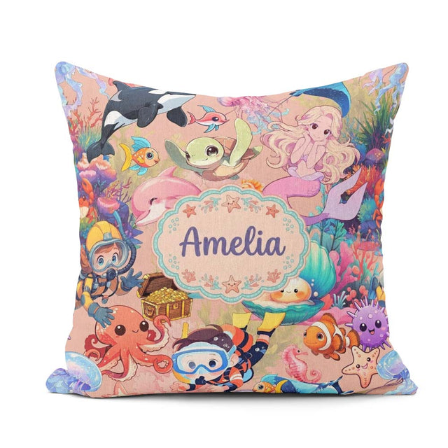 Custom Name Underwater Ocean Scene Mermaid Turtle Treasure Peach Square Filled Cushion Throw Pillow Sofa Bed Home Decor Zip Washable UK Made
