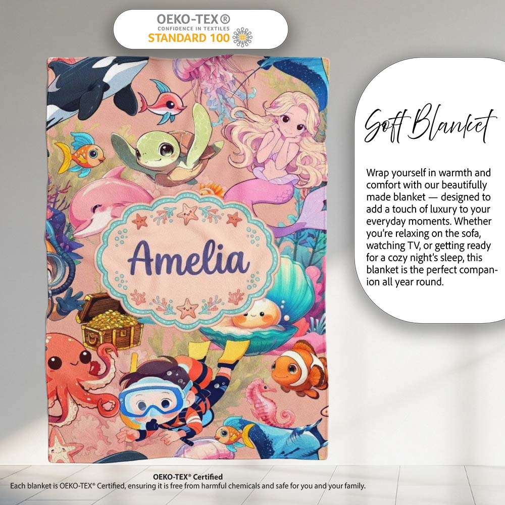 Cute Underwater Ocean Scene Mermaid Dolphin Turtle Treasure Peach  Personalised Custom Name Super Soft Fleece Blanket Bed Sofa Throw