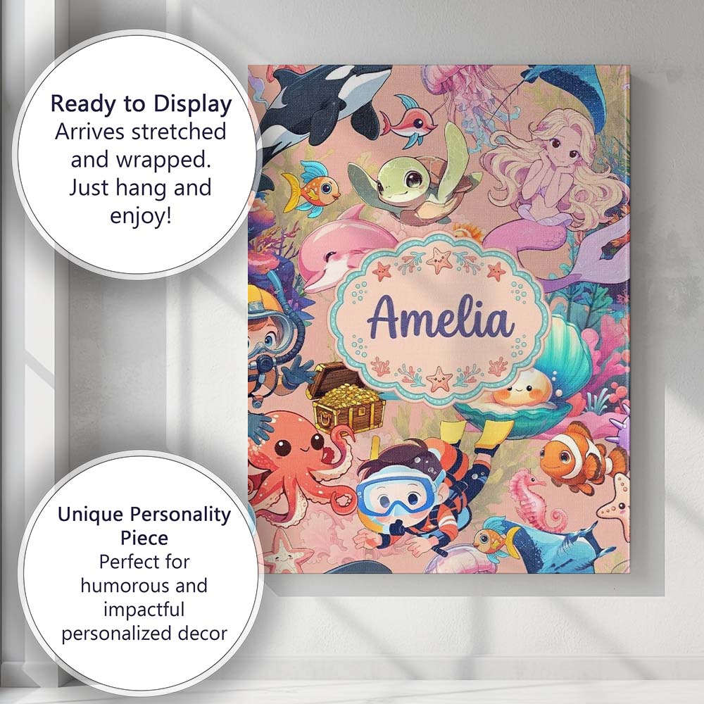 Personalised Name Cute Underwater Ocean Custom  Modern Room Accent Elegant Feature Canvas Wall Art Print Decor Picture Ready to Hang