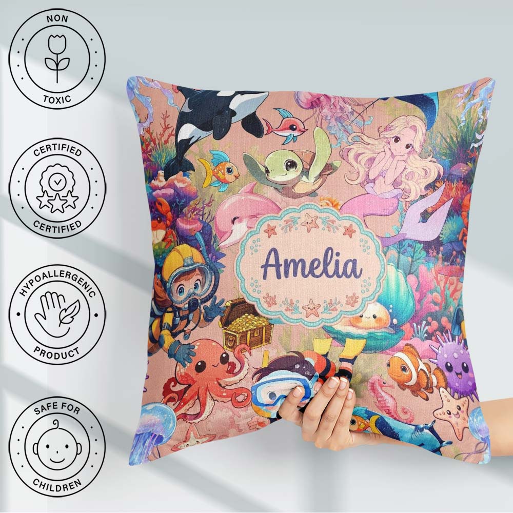 Custom Name Underwater Ocean Scene Mermaid Turtle Treasure Peach Square Filled Cushion Throw Pillow Sofa Bed Home Decor Zip Washable UK Made
