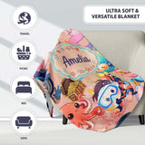 Cute Underwater Ocean Scene Mermaid Dolphin Turtle Treasure Peach  Personalised Custom Name Super Soft Fleece Blanket Bed Sofa Throw