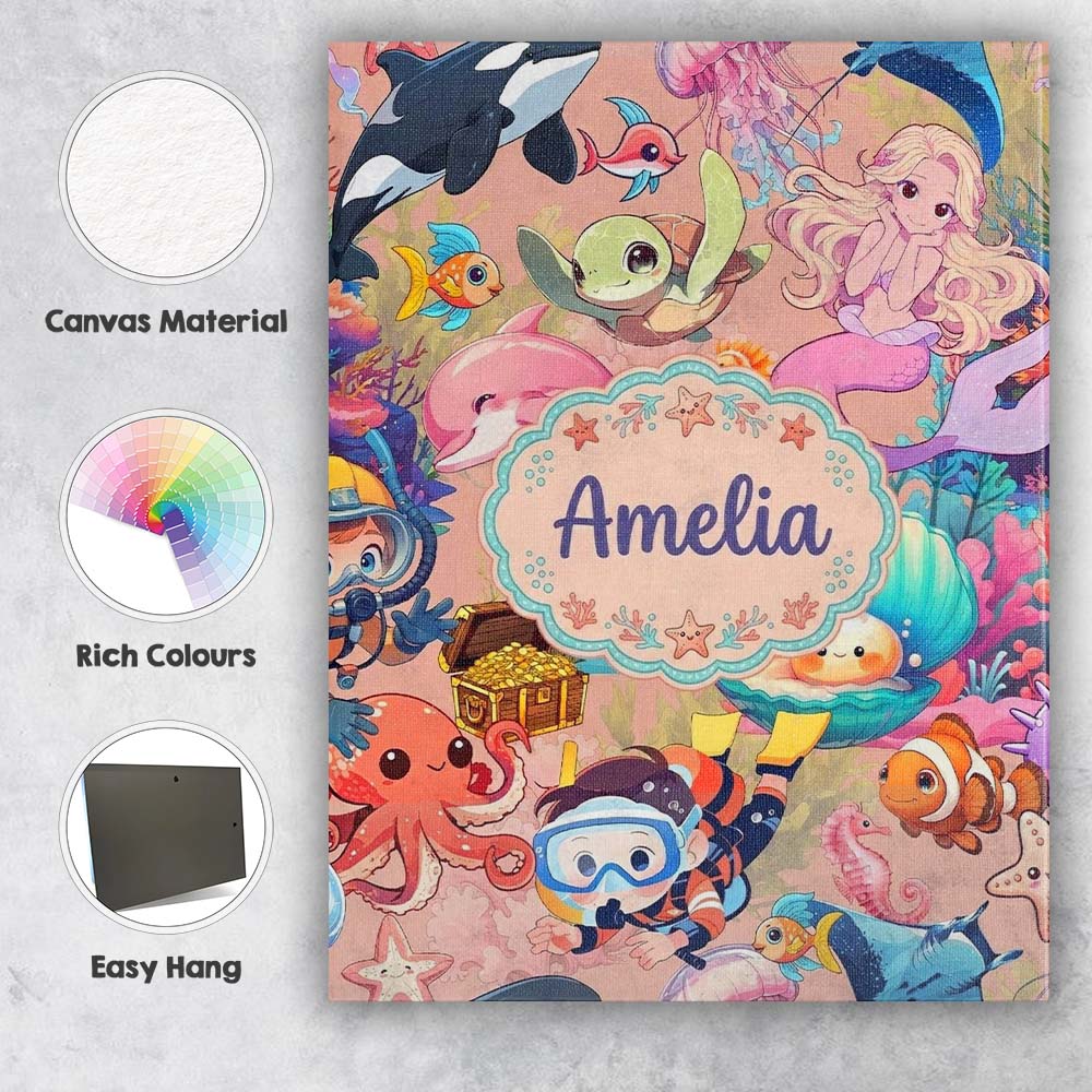 Personalised Name Cute Underwater Ocean Custom  Modern Room Accent Elegant Feature Canvas Wall Art Print Decor Picture Ready to Hang