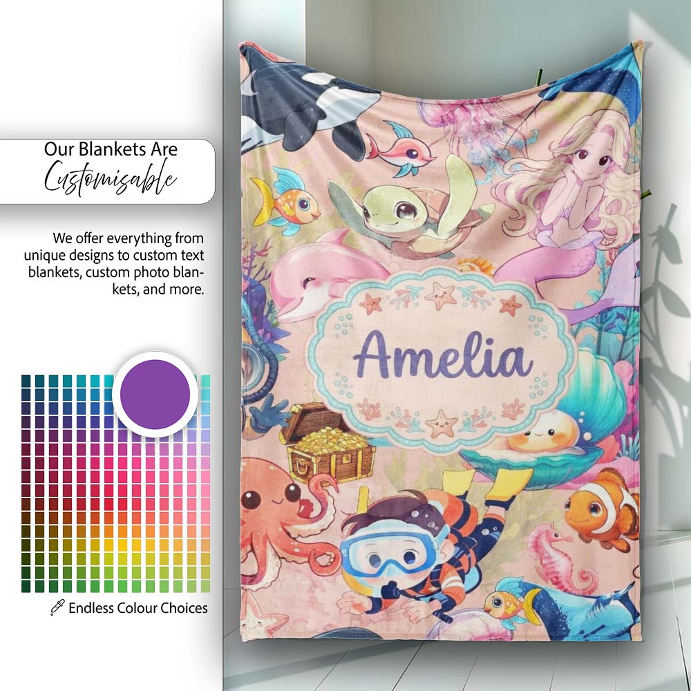 Cute Underwater Ocean Scene Mermaid Dolphin Turtle Treasure Peach  Personalised Custom Name Super Soft Fleece Blanket Bed Sofa Throw