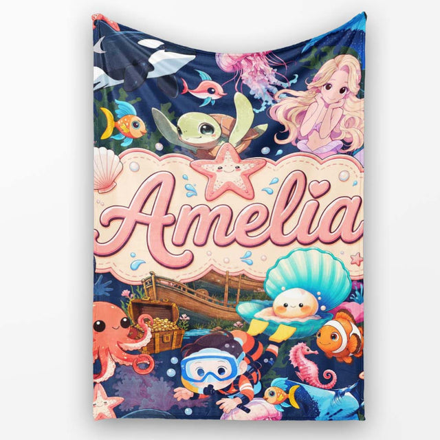 Cute Underwater Ocean Scene Mermaid Dolphin Turtle Treasure Dark  Personalised Custom Name Super Soft Fleece Blanket Bed Sofa Throw