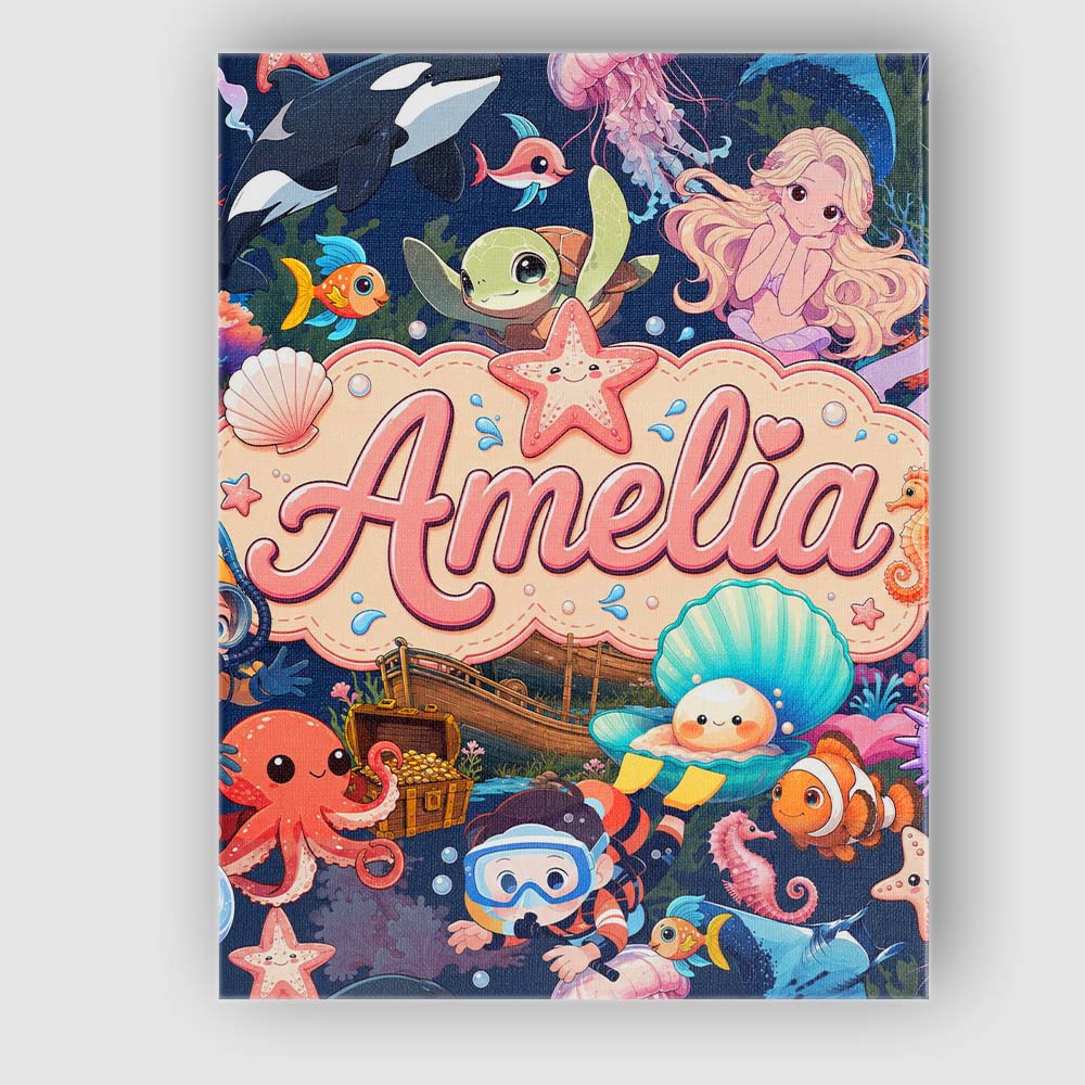 Personalised Name Cute Underwater Ocean Custom  Modern Room Accent Elegant Feature Canvas Wall Art Print Decor Picture Ready to Hang