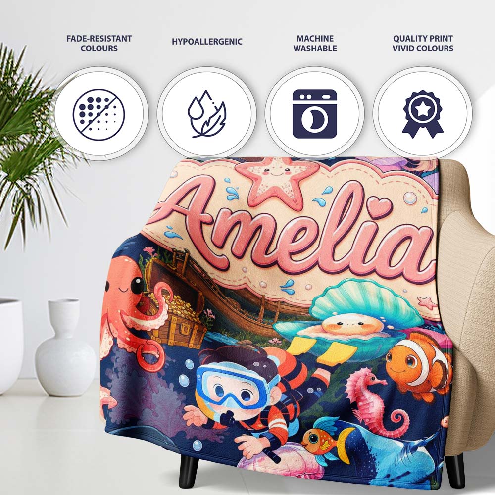 Cute Underwater Ocean Scene Mermaid Dolphin Turtle Treasure Dark  Personalised Custom Name Super Soft Fleece Blanket Bed Sofa Throw