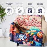 Cute Underwater Ocean Scene Mermaid Dolphin Turtle Treasure Dark  Personalised Custom Name Super Soft Fleece Blanket Bed Sofa Throw