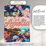 Cute Underwater Ocean Scene Mermaid Dolphin Turtle Treasure Dark  Personalised Custom Name Super Soft Fleece Blanket Bed Sofa Throw