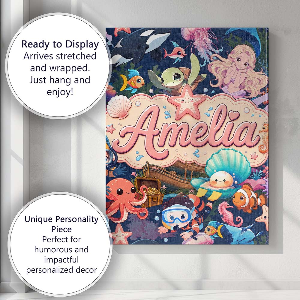 Personalised Name Cute Underwater Ocean Custom  Modern Room Accent Elegant Feature Canvas Wall Art Print Decor Picture Ready to Hang