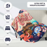 Cute Underwater Ocean Scene Mermaid Dolphin Turtle Treasure Dark  Personalised Custom Name Super Soft Fleece Blanket Bed Sofa Throw