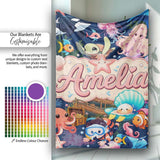 Cute Underwater Ocean Scene Mermaid Dolphin Turtle Treasure Dark  Personalised Custom Name Super Soft Fleece Blanket Bed Sofa Throw