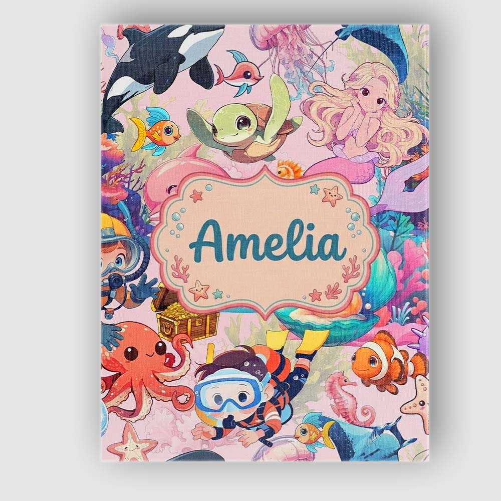 Personalised Name Cute Underwater Ocean Custom  Modern Room Accent Elegant Feature Canvas Wall Art Print Decor Picture Ready to Hang
