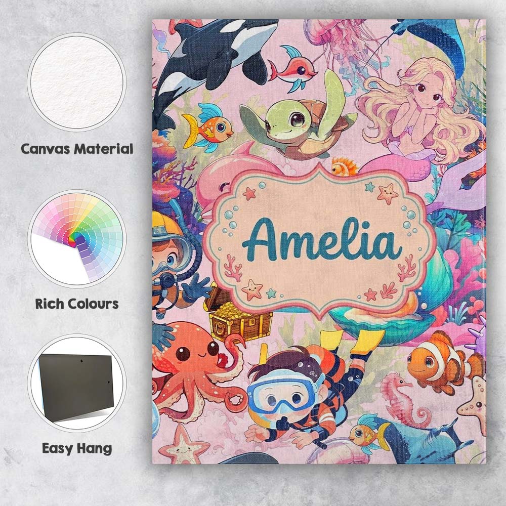 Personalised Name Cute Underwater Ocean Custom  Modern Room Accent Elegant Feature Canvas Wall Art Print Decor Picture Ready to Hang