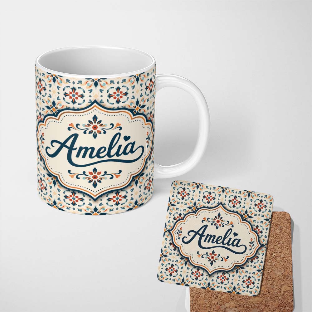 Personalized Custom Name Elegant Neutral Tile Pattern with Navy Blue and Terracotta Floral 11oz Ceramic Coffee Tea Mug White Large Handle