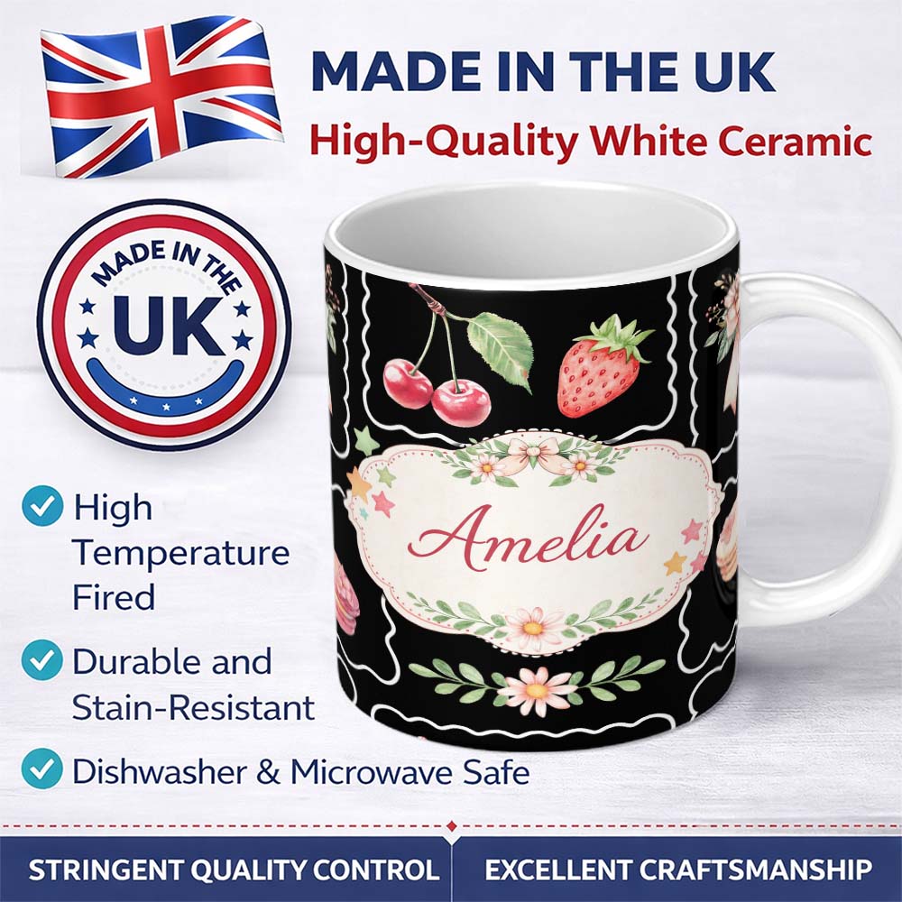 Personalized Custom Name Strawberry Cherry Bow Seamless Pattern White Cute Coquette Kawaii 11oz Ceramic Coffee Tea Mug White Large Handle