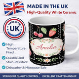 Personalized Custom Name Strawberry Cherry Bow Seamless Pattern White Cute Coquette Kawaii 11oz Ceramic Coffee Tea Mug White Large Handle