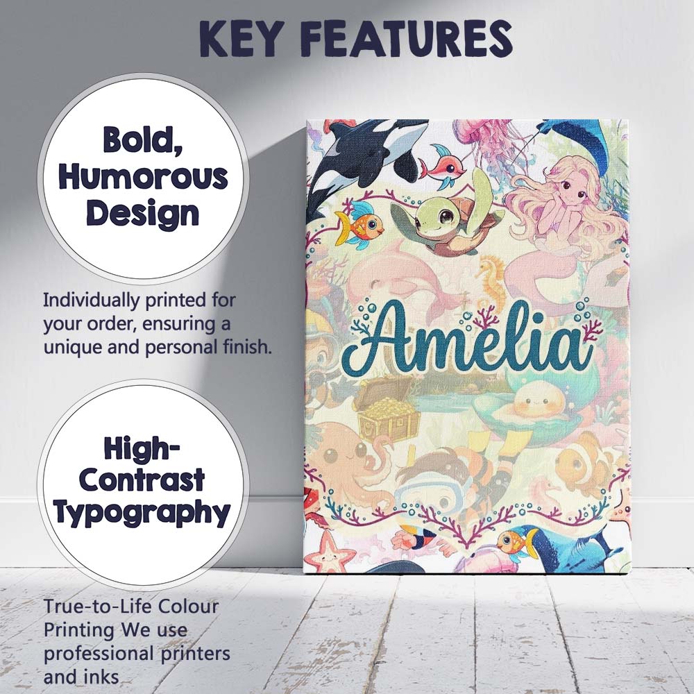 Personalised Name Cute Underwater Ocean Custom  Modern Room Accent Elegant Feature Canvas Wall Art Print Decor Picture Ready to Hang