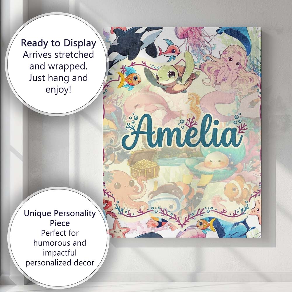 Personalised Name Cute Underwater Ocean Custom  Modern Room Accent Elegant Feature Canvas Wall Art Print Decor Picture Ready to Hang