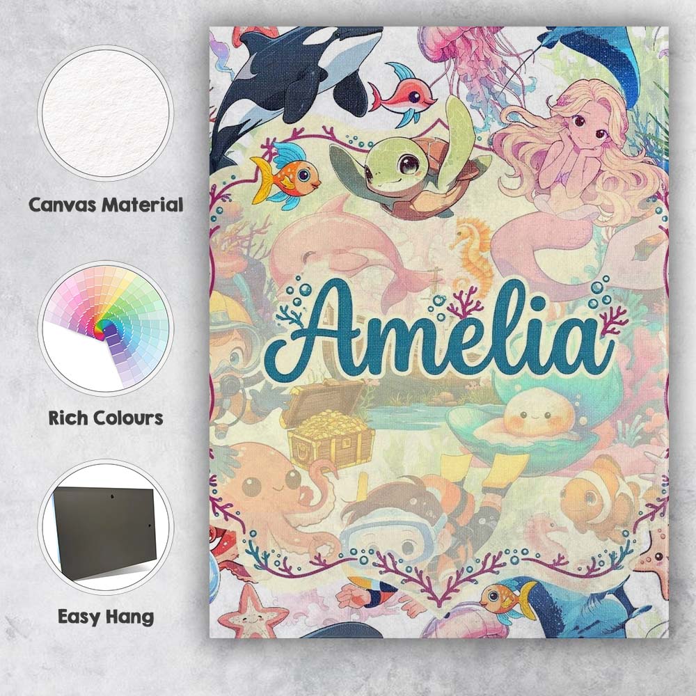 Personalised Name Cute Underwater Ocean Custom  Modern Room Accent Elegant Feature Canvas Wall Art Print Decor Picture Ready to Hang