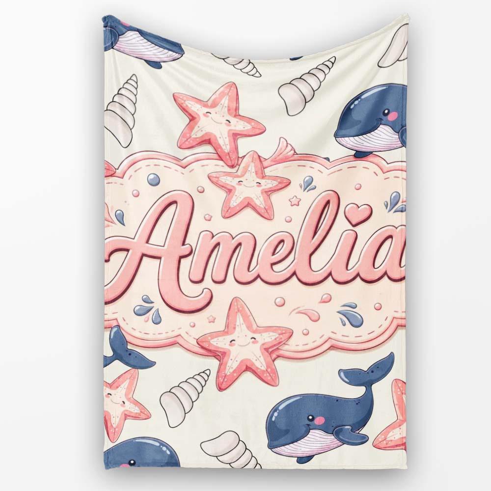 Cute Kawaii Whale Starfish Seashell Ocean Animals Beige Background  Personalised Custom Name Super Soft Fleece Blanket Bed Sofa Throw