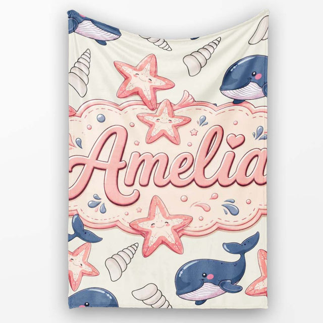 Cute Kawaii Whale Starfish Seashell Ocean Animals Beige Background  Personalised Custom Name Super Soft Fleece Blanket Bed Sofa Throw